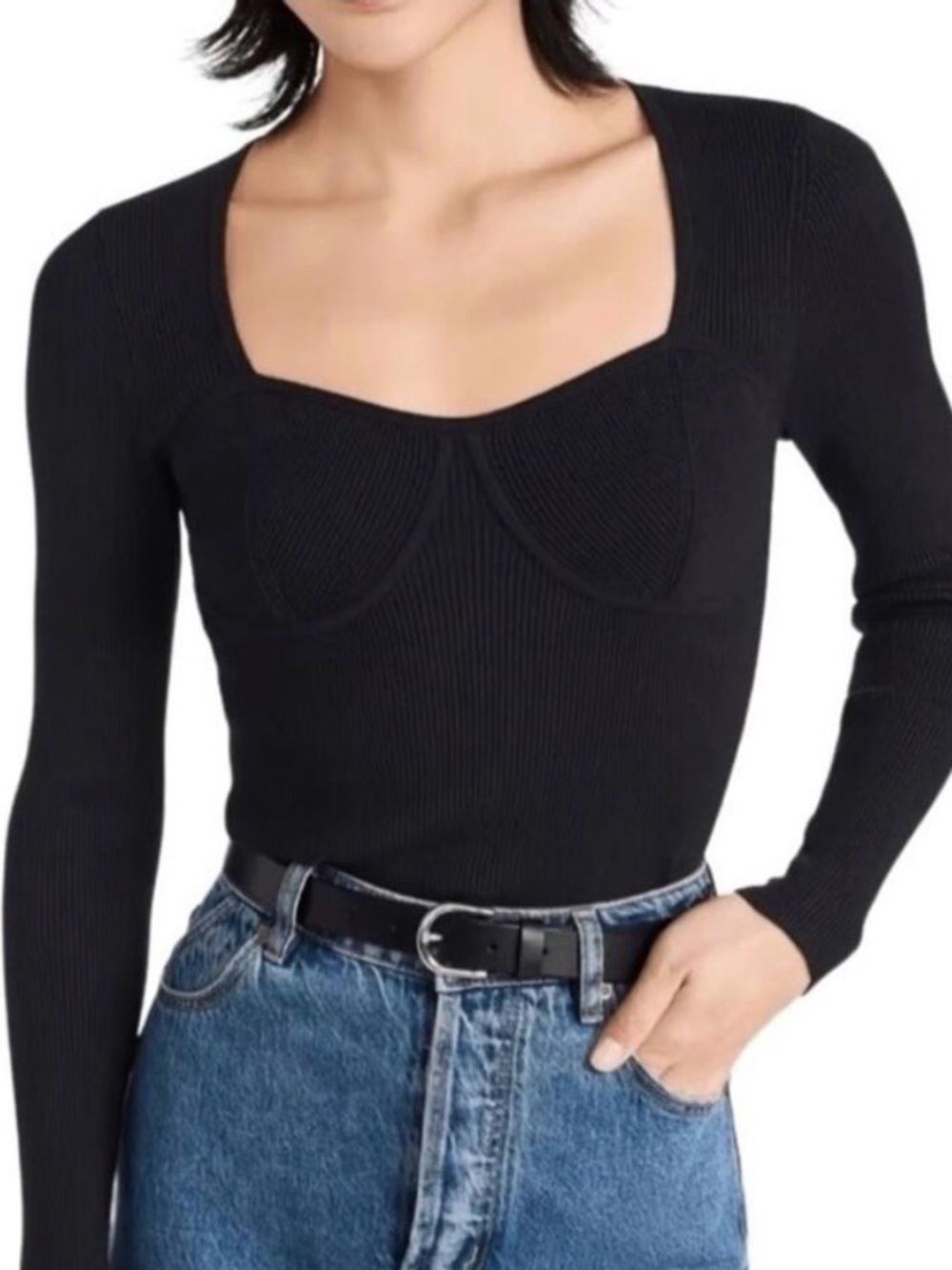Madewell Wide Rib Sweatheart Sweater Top Size Small Black Corset Inspired